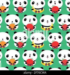 Kawaii panda and fruit seamless vector pattern background. Backdrop with rows of cartoon bears holding apples, bananas, strawberries oranges. Laughing Stock Vector