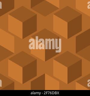 3D cube vector seamless pattern background. Diagonal rows of cubes monochrome ochre brown backdrop. Abstract design with geometric shapes. Floating Stock Vector