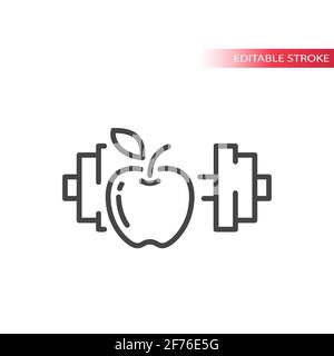 Apple and a dumbbell line vector icon. Eating healthy and fitness workout outline symbol, editable stroke. Stock Vector