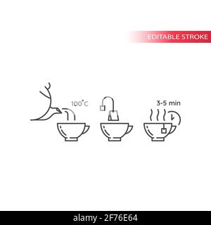 Tea preparation instruction line vector icon. Tea mug, bag, teapot outline symbols, editable stroke. Stock Vector