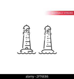 Lighthouse line vector icon. Sea tower beacon with wave outline symbol, editable stroke Stock Vector