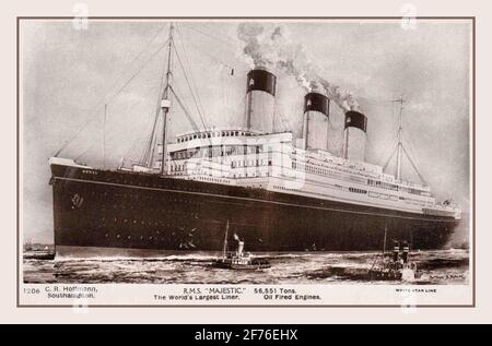 VIntage RMS Majestic Ocean Liner 1890's RMS Majestic White Star flag White Star Line  Port of registry: United Kingdom Liverpool, United Kingdom Builder: Harland and Wolff, Belfast Launched: 29 June 1889 Completed: 22 March 1890 Maiden voyage: 2 April 1890 Stock Photo