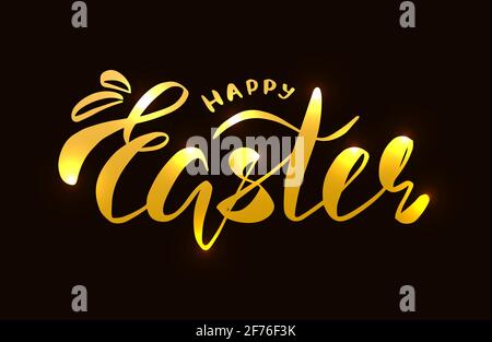 Golden glitter happy easter lettering desigh. Greeteng card. Shine vector gold on dark background. Easter calligraphy. EPS 10 Stock Vector