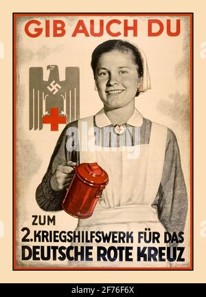 Nazi Germany 1940's Red Cross Promotion Poster by Schuchert, Hamburg for the Winterhilfswerk des Deutschen Volkes (WHW), an annual drive in Nazi Germany by the National Socialist People's Welfare (German: en:Nationalsozialistische Volkswohlfahrt) to help finance charitable work, promoting a WW2 1941 German Red Cross campaign. Date1941 Stock Photo