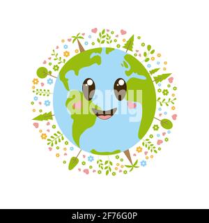 Happy Earth day. Cute planet Earth with trees, plants and flowers. Isolated on white background. Stock Photo