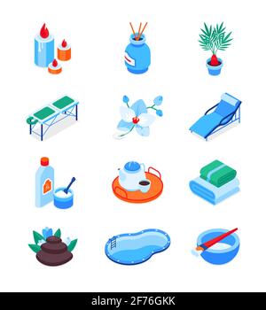Wellness and spa - modern isometric icons set isolated on white background. Tea ceremony objects, candle, creams, lotus flower, incense sticks, massag Stock Vector