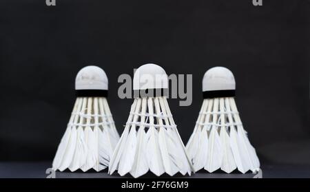 A set of white badminton feather shuttlecock in on black background. Stock Photo