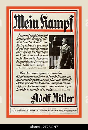 1920's Mein Kampf quotations from a 1925 autobiographical manifesto by Nazi Party leader Adolf Hitler. The work describes the process by which Hitler became antisemitic and outlines his political ideology and future plans for Germany. Volume 1 of Mein Kampf was published in 1925 and Volume 2 in 1926. Mein Kampf. L'ennemi mortel, l'ennemi impitoyable du peuple allemand 1937 Nazi Germany Mein Kampf. The deadly enemy, the ruthless enemy of the German people ...: [poster] - 1937 Stock Photo