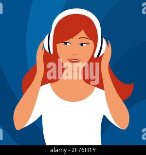 The girl listens to music with headphones. Happy face. Vector flat illustration. Stock Vector