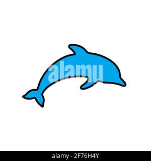 Flat round blue icon with silhouette of playing dolphin. Summer resort and entertainment symbol. Vector isolated outline illustration Stock Vector