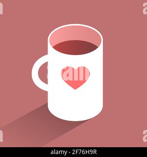 A cup of coffee with a heart is on the table. Hot morning drink. Vector isometric illustration. Stock Vector
