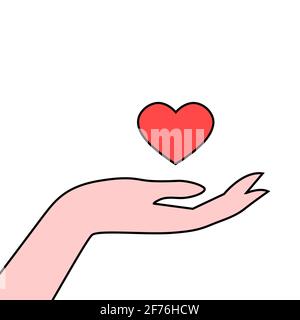 Female hand and red heart on a white background. Template for design. Vector isolated outline illustration. Stock Vector