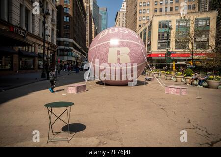 New York, USA. 04th Apr, 2021. A giant basketball as a brand activation for Boss Athletic in front of Macy's Herald Square in New York on Sunday, April 4, 2021. (Photo by Richard B. Levine) Credit: Sipa USA/Alamy Live News Stock Photo