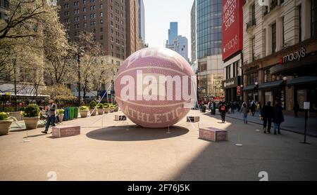 New York, USA. 04th Apr, 2021. A giant basketball as a brand activation for Boss Athletic in front of Macy's Herald Square in New York on Sunday, April 4, 2021. (Photo by Richard B. Levine) Credit: Sipa USA/Alamy Live News Stock Photo