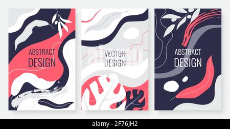 Abstract trendy minimal leaf, wavy line set, template background for social media stories or wall pictures Stock Vector