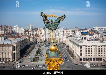 Kyiv, Ukraine - April 1, 2021: Independence Monument in Kyiv. View from drone Stock Photo