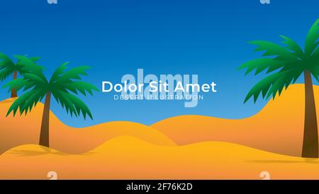 Vector illustration of sunny desert with palm tree and clean blue sky. Minimal nature landscape background design concept. Stock Vector