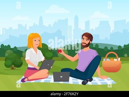 People on picnic in summer city park landscape, man woman sitting on blanket together Stock Vector