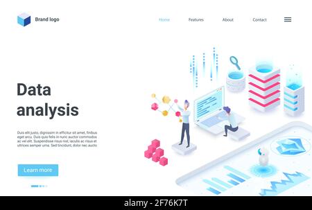 Data analysis, business investment, analytical service, studying data information isometric landing page Stock Vector