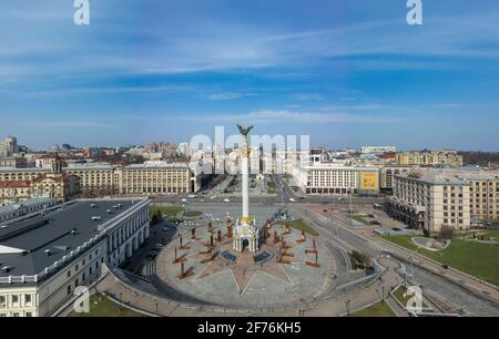 Kyiv, Ukraine - April 1, 2021: Independence Monument in Kyiv. View from drone Stock Photo