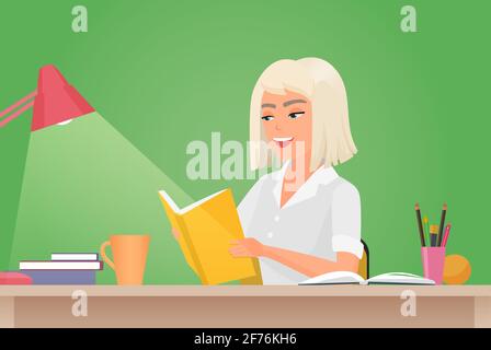 Happy girl reading book, young woman student sitting at desk to read literary work, story Stock Vector