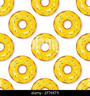 Donuts with yellow icing and multicolored powder on a color background. 3d realistic food seamless pattern. Template modern design for invitation Stock Vector