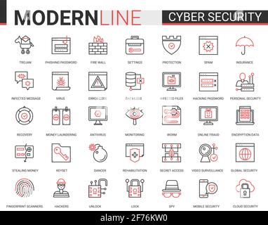 Cyber security red black outline line icons set Stock Vector