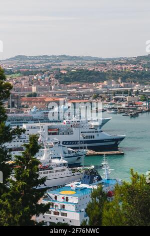 Ancona, Italy - September, 10 2018: Aerial view of cruise ships and ferries docked at the port of Ancona. Bright summer day, travel concept Stock Photo