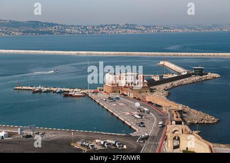 Ancona, Italy - September, 10 2018: Aerial view of port of Ancona, Coast Guard building and the Red Lighthouse. Bright summer day, travel concept Stock Photo