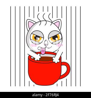 Cute cat with cup of coffee sticker Stock Vector