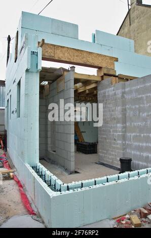 Construction of a residential extension using energy efficient ICF insulated concrete forms method Stock Photo