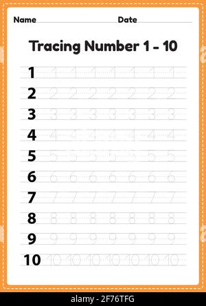 Tracing number 1-10 worksheet for kindergarten and preschool kids for educational handwriting practice in a printable page. Stock Vector