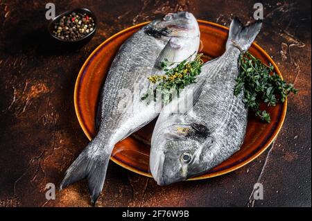 Raw Sea bream fish and ingredients for cooking. Dark background. Top view Stock Photo