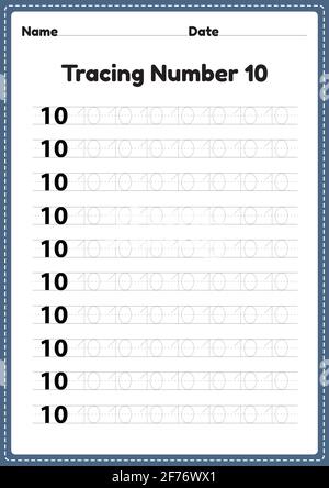 Tracing number 10 worksheet for kindergarten and preschool kids for educational handwriting practice in a printable page. Stock Vector