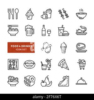 Simple Set of Food and Drinks Related Vector Line Icons. Contains  such Icons as Restaurant Food, Burger, Steak, Fish, Cocktails and more. Stock Vector