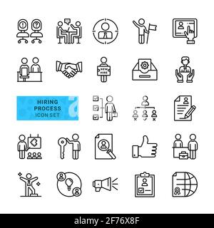 Set of Icons About Hiring Process. Include Outline Icons Human Resources, Handshake, Training, Business Management. vector Illustration. Stock Vector