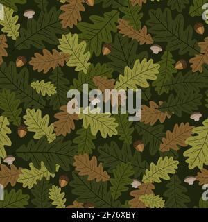 Seamless Background, Pattern of Oak Leave. Autumn vector Texture  with Acorns, Mushrooms, Leaves Stock Vector