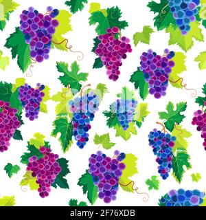 Grape Vine Seamless Pattern and Leaves on White Background. Vector  Illustration Stock Vector
