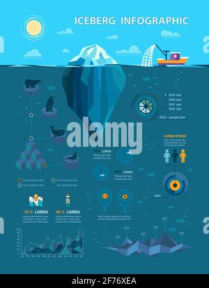 Vector Iceberg Infographics in Flat Style. Included such Elements as Graphics, Icons and more. Underwater Infographics Stock Vector