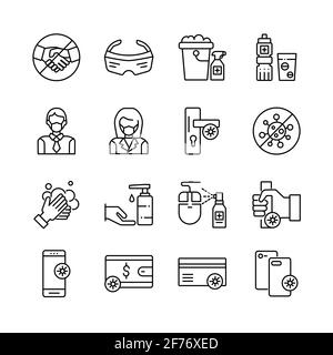 Set of Virus Protection Related Vector Icons. Includes such  vector Icons as Hygiene, Prevention, Protective Measures, Disinfection,  Treatment, Virus Stock Vector