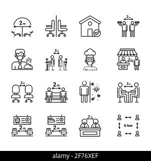 Social Distance Line Icon Set. Contain such icons as Keep Safe Distance, Stay Home, Prevention and more. Stock Vector