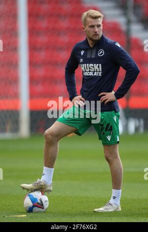 Stoke On Trent, UK. 05th Apr, 2021. Millwall midfielder Billy Mitchell (24) warming up during the EFL Sky Bet Championship match between Stoke City and Millwall at the bet365 Stadium, Stoke-on-Trent, England on 5 April 2021. Photo by Jurek Biegus. Editorial use only, license required for commercial use. No use in betting, games or a single club/league/player publications. Credit: UK Sports Pics Ltd/Alamy Live News Stock Photo