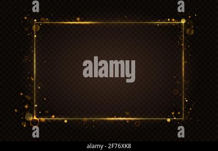 Gold glowing rectangular frame, light effect lines with flying abstract flash, glares Stock Vector