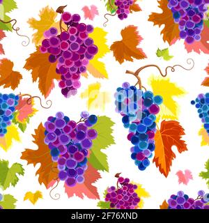 Vector Seamless Pattern With Grapes and Leaves. Illustration on  White Background. Stock Vector