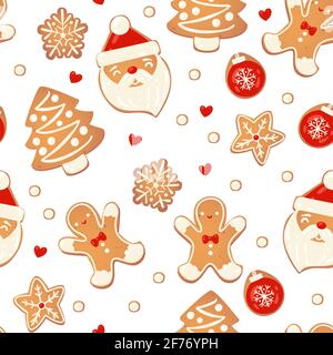 Christmas gingerbread vector seamles pattern. Winter characters in cartoon style. Awesome holiday design background. New year in scandinvian style. Stock Vector