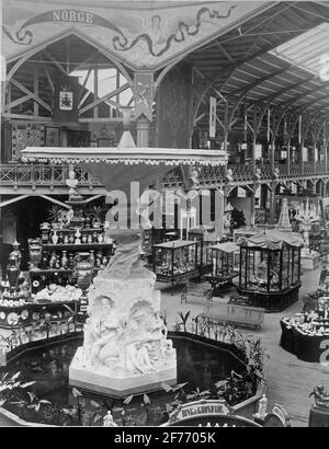 The industrial rate at the industrial exhibition in Kungsträdgården, Stockholm 1866. Molins fountain. Behind Norway's part of the exhibition hall. Stock Photo