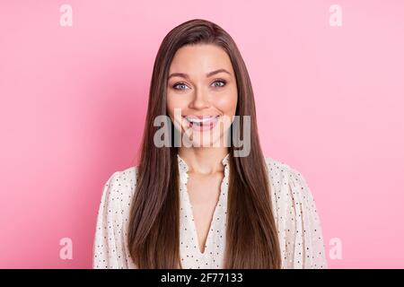 Photo of charming pretty young woman dressed white clothes licking lips isolated pink color background Stock Photo