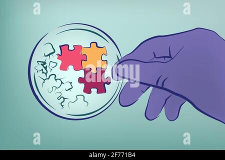 Vector Illustration of biotech science, hand with puzzle on laboratory glass Stock Vector