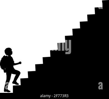 Silhouette school boy with backpack climbs the stairs to the top. Illustration graphics icon Stock Vector