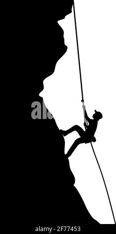 Silhouette young man climber climbs on rock. Illustration graphics icon Stock Vector